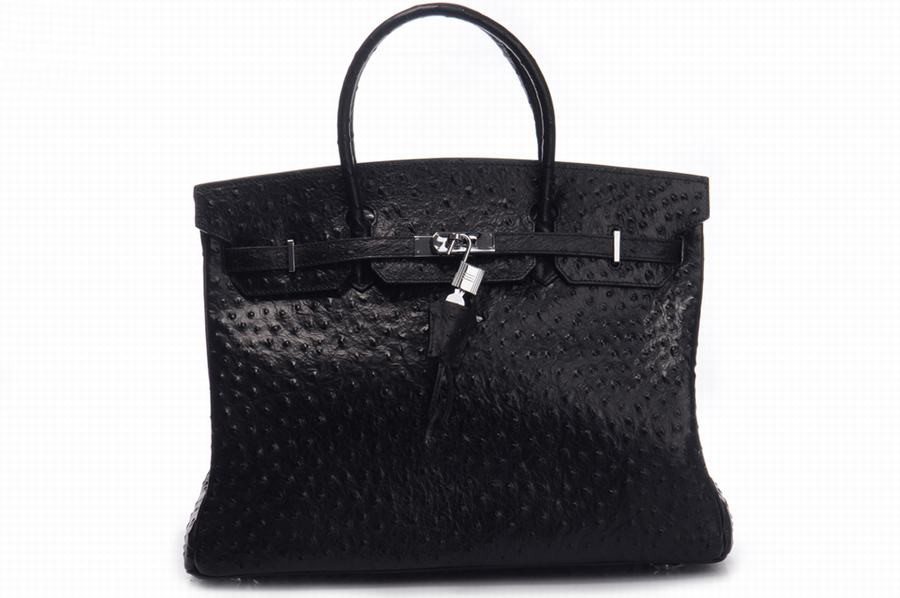Hermes Handbags Birkin Ostrich Grain Cow Leather Black