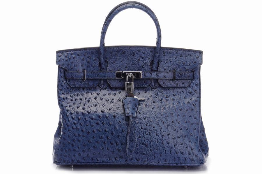 Hermes Handbags Birkin Ostrich Grain Cow Leather Dark Blue