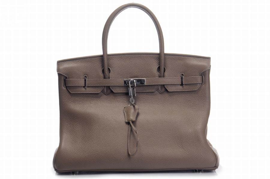 Hermes Handbags Birkin Litchi Cow Leather Nut Gray