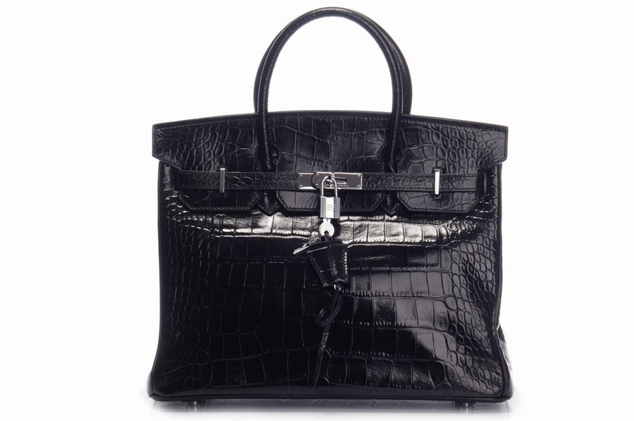 Hermes Handbags Birkin Crocodile Grain Cow Leather Black